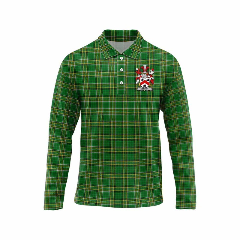 Nesbitt Irish Clan Tartan Long Sleeve Polo Shirt with Coat of Arms