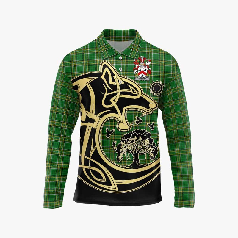 Nesbitt Irish Tartan Long Sleeve Polo Shirt with Coat of Arms Celtic Wolf Style
