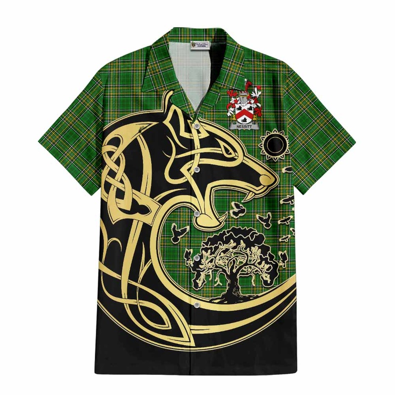 Nesbitt Irish Tartan Short Sleeve Button Shirt with Coat of Arms Celtic Wolf Style