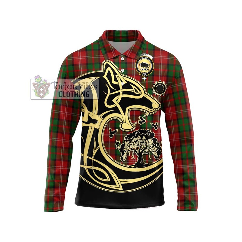 Nesbitt Tartan Long Sleeve Polo Shirt with Family Crest Celtic Wolf Style
