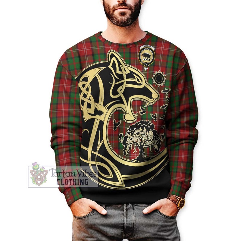 Nesbitt Tartan Sweatshirt with Family Crest Celtic Wolf Style