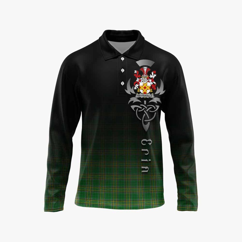Netterville Irish Clan Long Sleeve Polo Shirt with Coat of Arms Erin Go Bragh Celtic Inspired