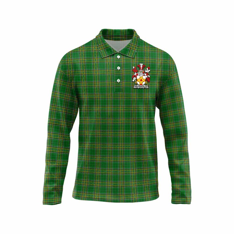 Netterville Irish Clan Tartan Long Sleeve Polo Shirt with Coat of Arms