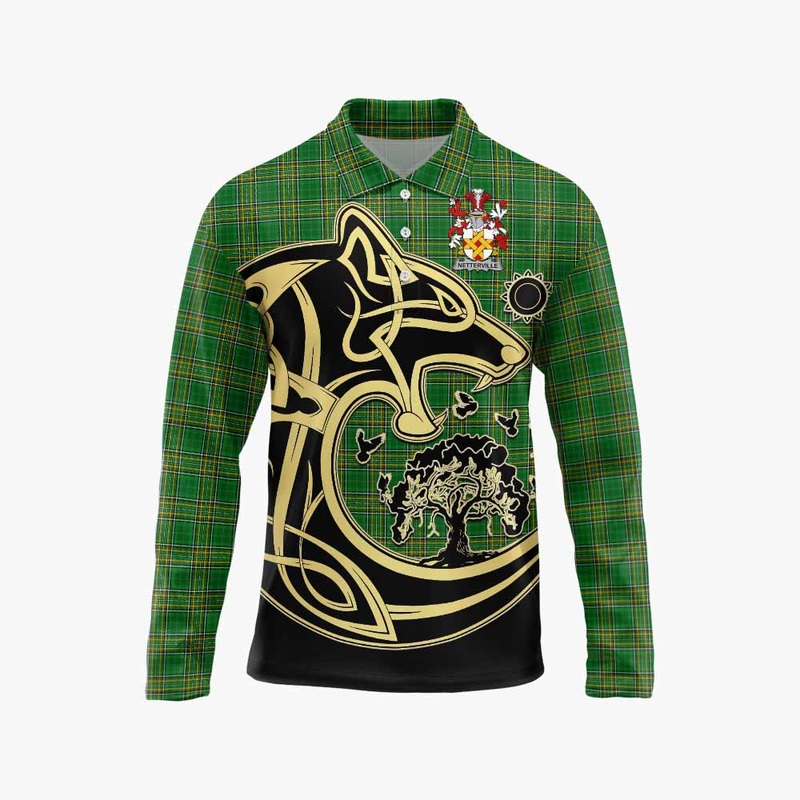Netterville Irish Tartan Long Sleeve Polo Shirt with Coat of Arms Celtic Wolf Style