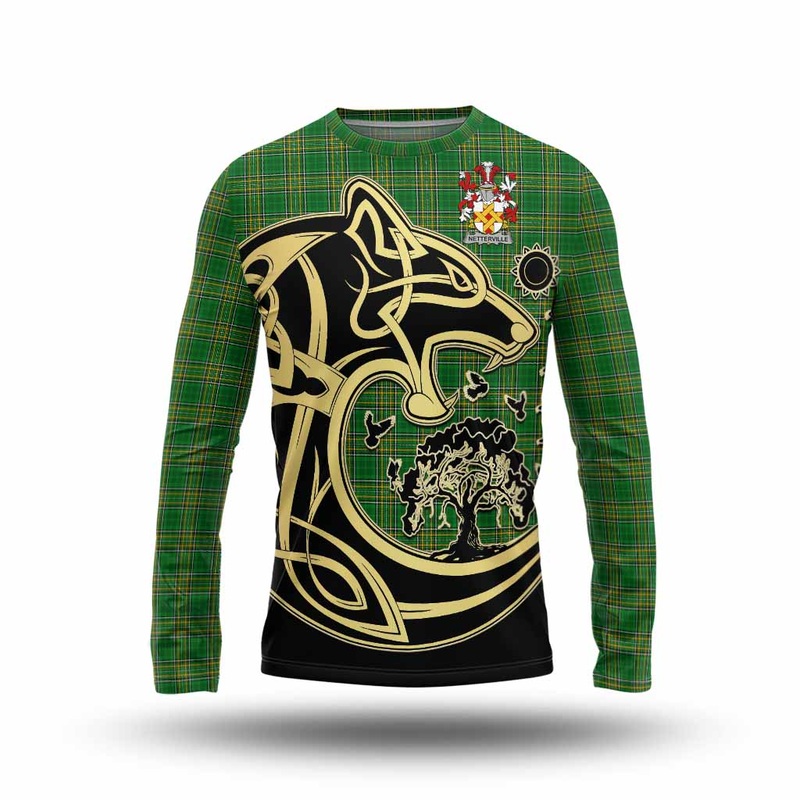 Netterville Irish Tartan Long Sleeve T-Shirt with Coat of Arms Celtic Wolf Style