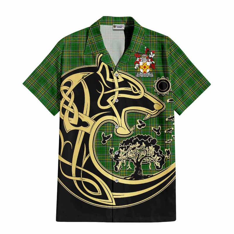 Netterville Irish Tartan Short Sleeve Button Shirt with Coat of Arms Celtic Wolf Style