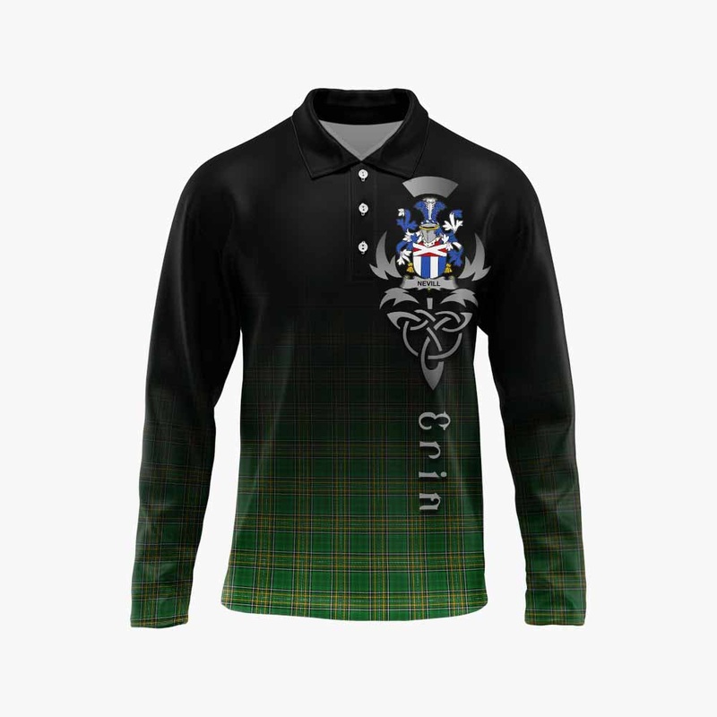 Nevill Irish Clan Long Sleeve Polo Shirt with Coat of Arms Erin Go Bragh Celtic Inspired