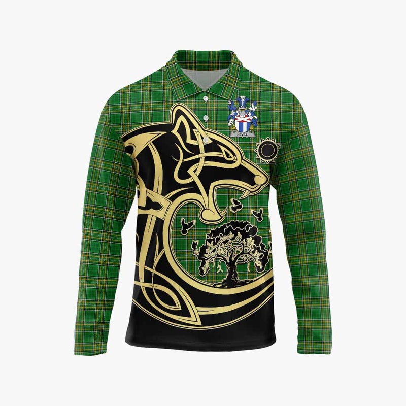 Nevill Irish Tartan Long Sleeve Polo Shirt with Coat of Arms Celtic Wolf Style