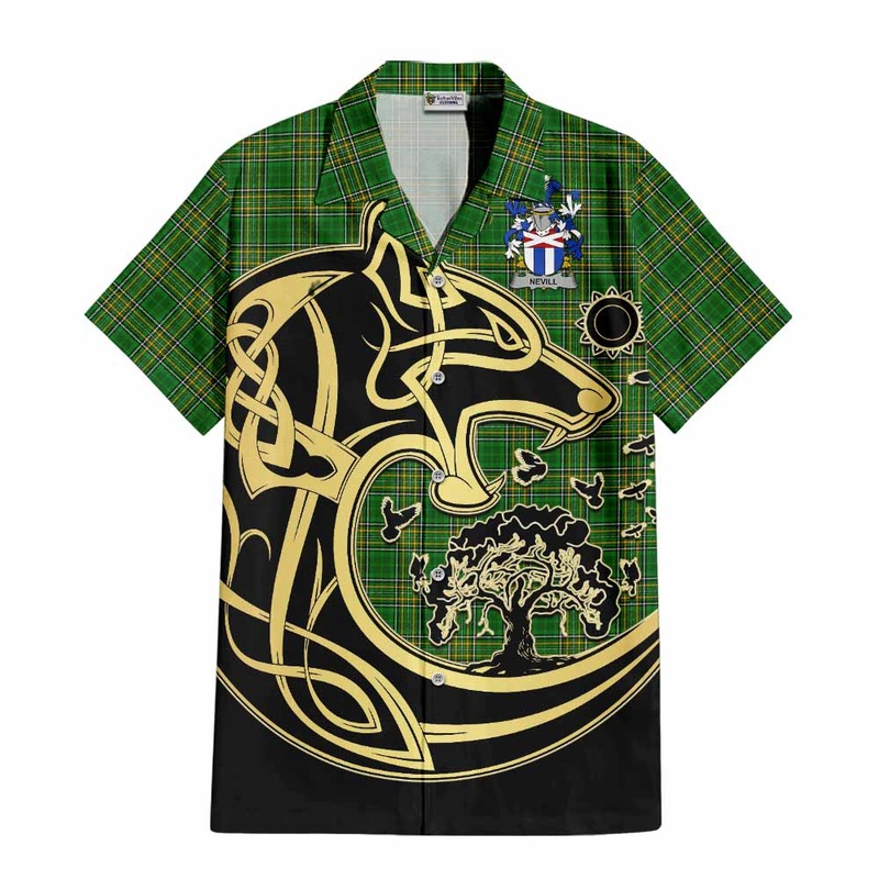Nevill Irish Tartan Short Sleeve Button Shirt with Coat of Arms Celtic Wolf Style