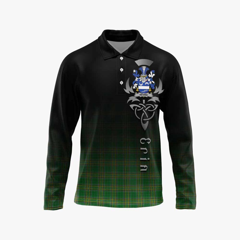 Nevins Irish Clan Long Sleeve Polo Shirt with Coat of Arms Erin Go Bragh Celtic Inspired