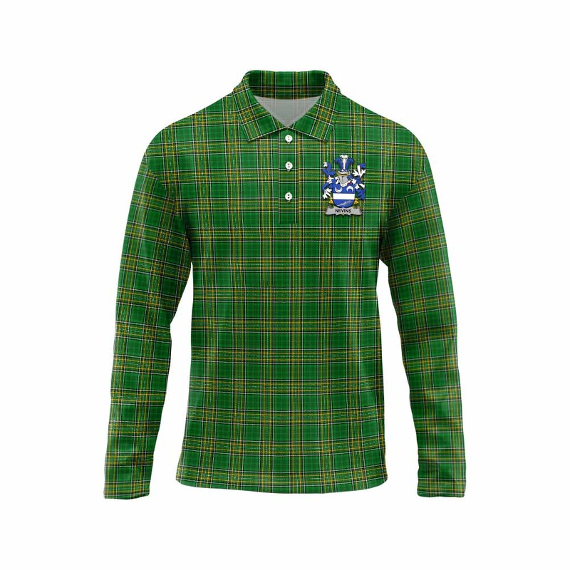 Nevins Irish Clan Tartan Long Sleeve Polo Shirt with Coat of Arms