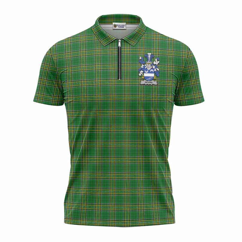 Nevins Irish Clan Tartan Zipper Polo Shirt with Coat of Arms