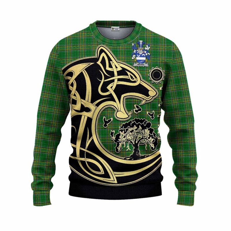 Nevins Irish Tartan Knitted Sweater with Coat of Arms Celtic Wolf Style