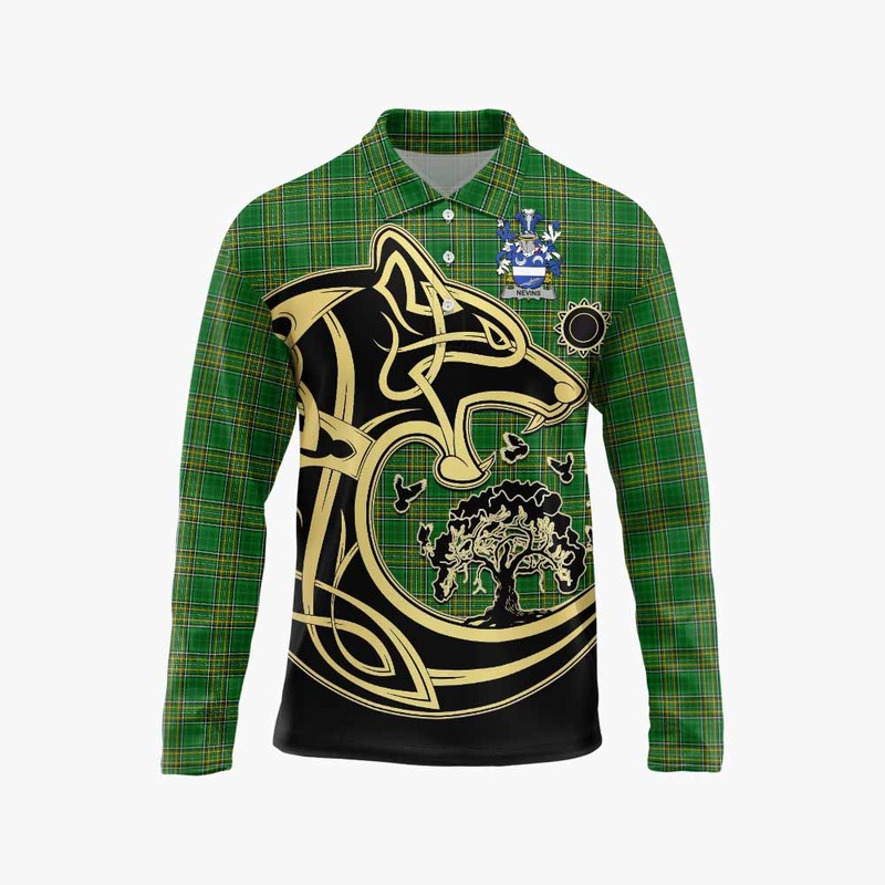 Nevins Irish Tartan Long Sleeve Polo Shirt with Coat of Arms Celtic Wolf Style