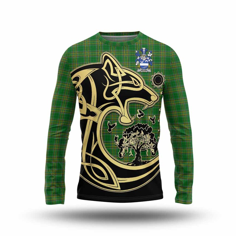 Nevins Irish Tartan Long Sleeve T-Shirt with Coat of Arms Celtic Wolf Style