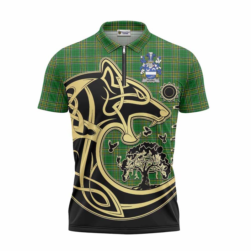 Nevins Irish Tartan Zipper Polo Shirt with Coat of Arms Celtic Wolf Style