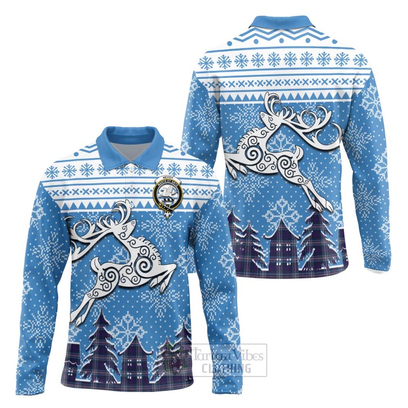 Nevoy Clan Christmas Long Sleeve Polo Shirt Celtic Reindeer Style