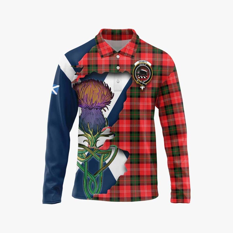 Nesbitt (Nisbet) Tartan Family Crest Long Sleeve Polo Shirt Scottish Thistle Celtic Inspired
