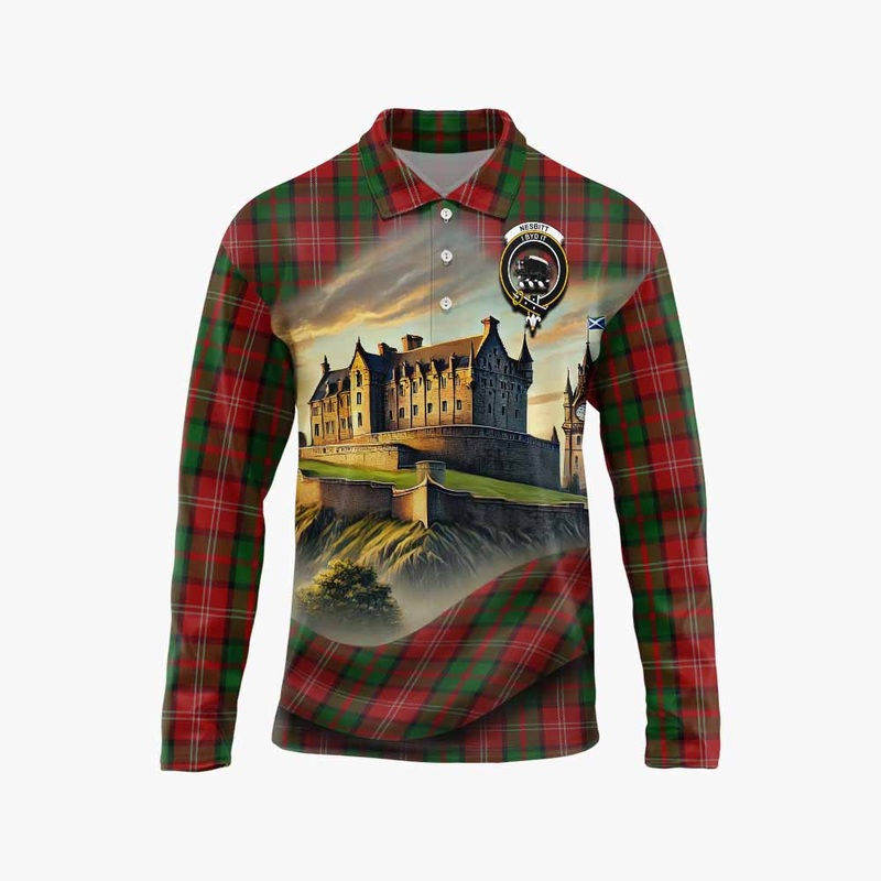 Nesbitt (Nisbet) Tartan Family Crest Long Sleeve Polo Shirt with Scottish Ancient Castle Style