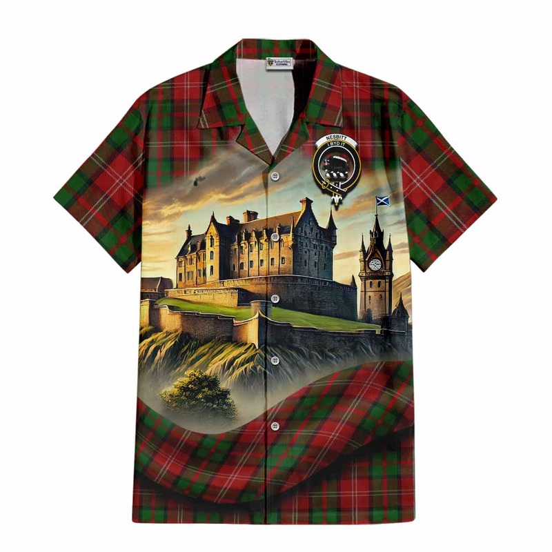 Nesbitt (Nisbet) Tartan Family Crest Short Sleeve Button Shirt with Scottish Ancient Castle Style