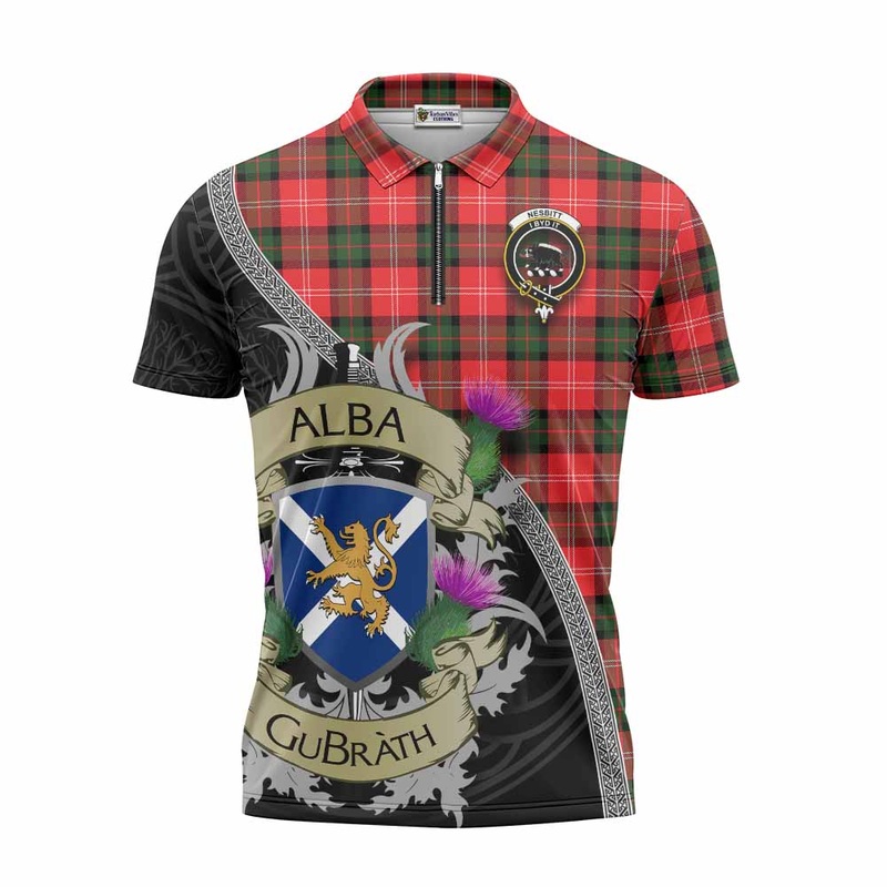 Nesbitt (Nisbet) Tartan Family Crest Zipper Polo Shirt Lion Rampant Royal Thistle Shield Celtic Inspired