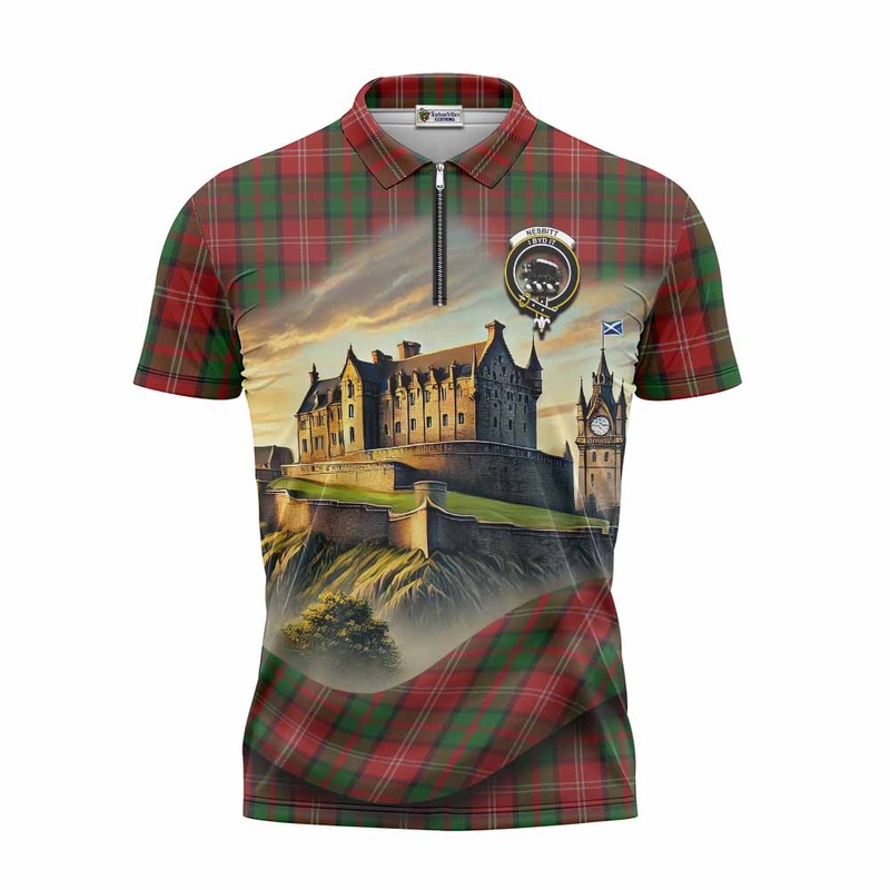 Nesbitt (Nisbet) Tartan Family Crest Zipper Polo Shirt with Scottish Ancient Castle Style