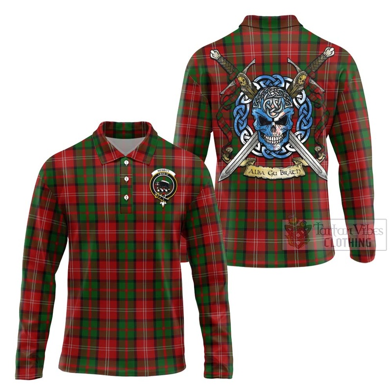 Nesbitt (Nisbet) Tartan Long Sleeve Polo Shirt with Family Crest Celtic Skull Style