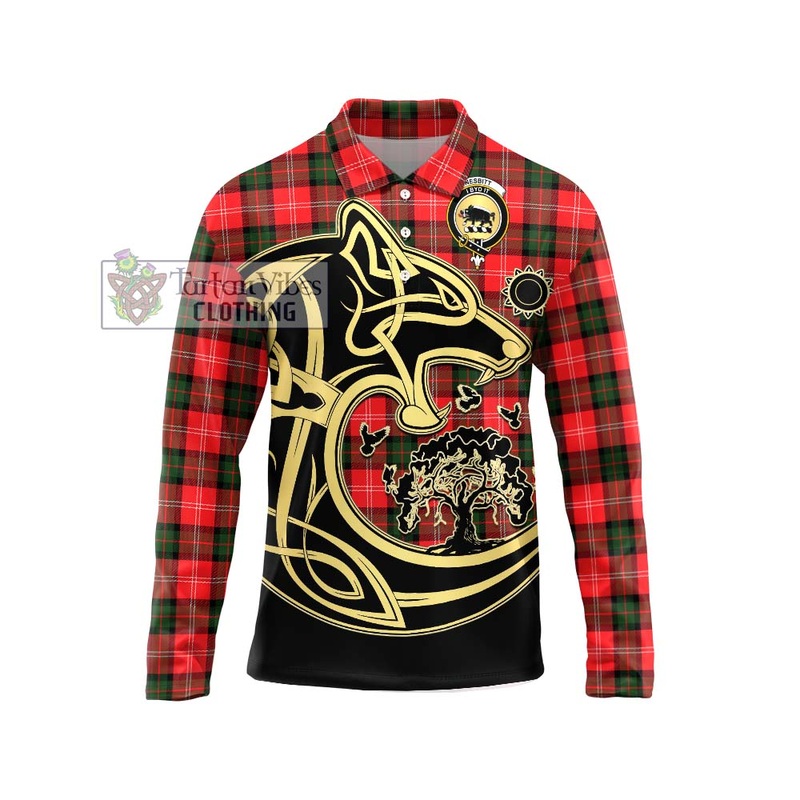 Nesbitt (Nisbet) Tartan Long Sleeve Polo Shirt with Family Crest Celtic Wolf Style