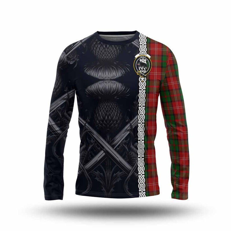 Nesbitt (Nisbet) Tartan Long Sleeve T-Shirt with Family Crest Cross Sword Thistle Celtic Vibes