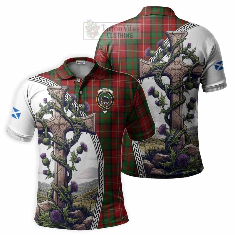Nesbitt (Nisbet) Tartan Polo Shirt with Family Crest and St. Andrew's Cross Accented by Thistle Vines