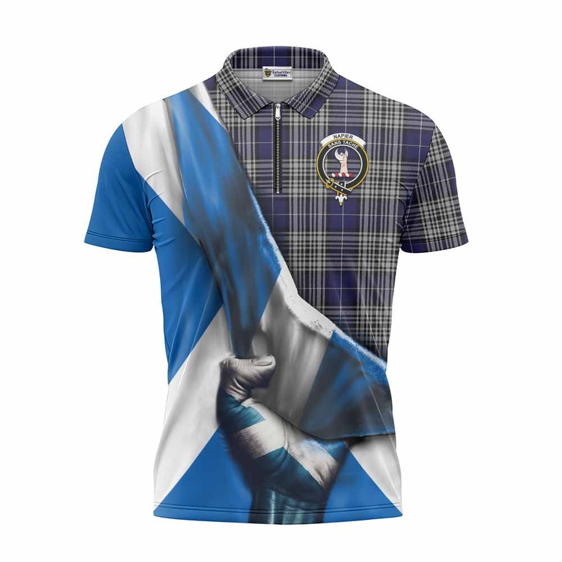 Napier Tartan Zipper Polo Shirt with Family Crest Scotland Patriotic Style