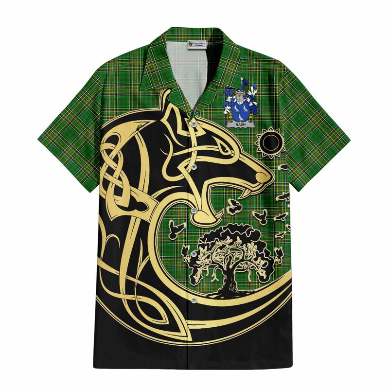 Nash Irish Tartan Short Sleeve Button Shirt with Coat of Arms Celtic Wolf Style