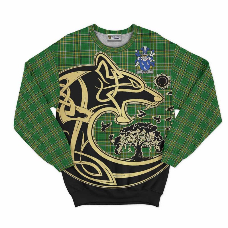 Nash Irish Tartan Sweatshirt with Coat of Arms Celtic Wolf Style