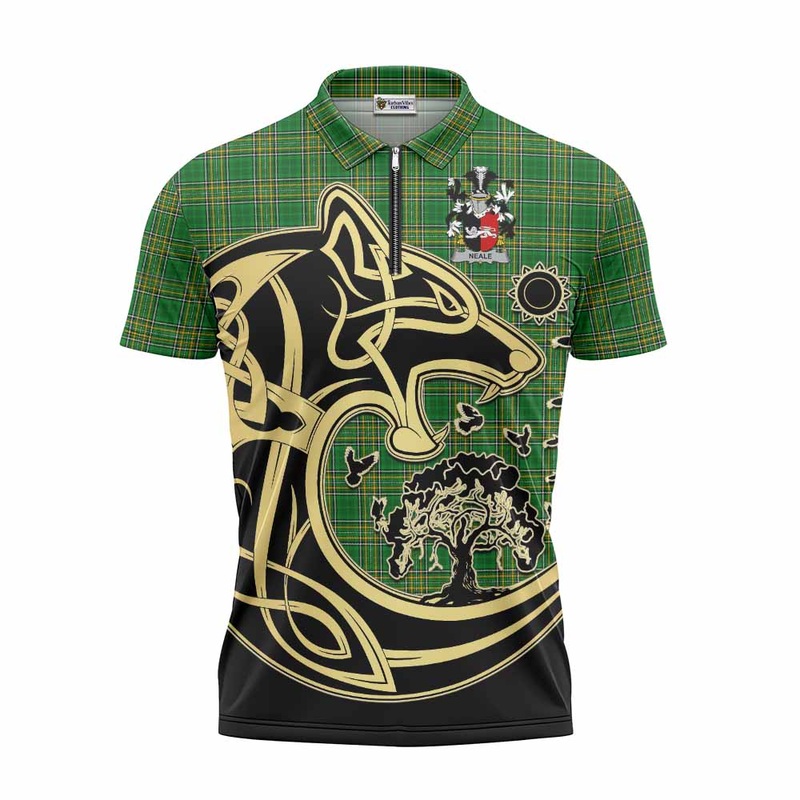 Neale Irish Tartan Zipper Polo Shirt with Coat of Arms Celtic Wolf Style