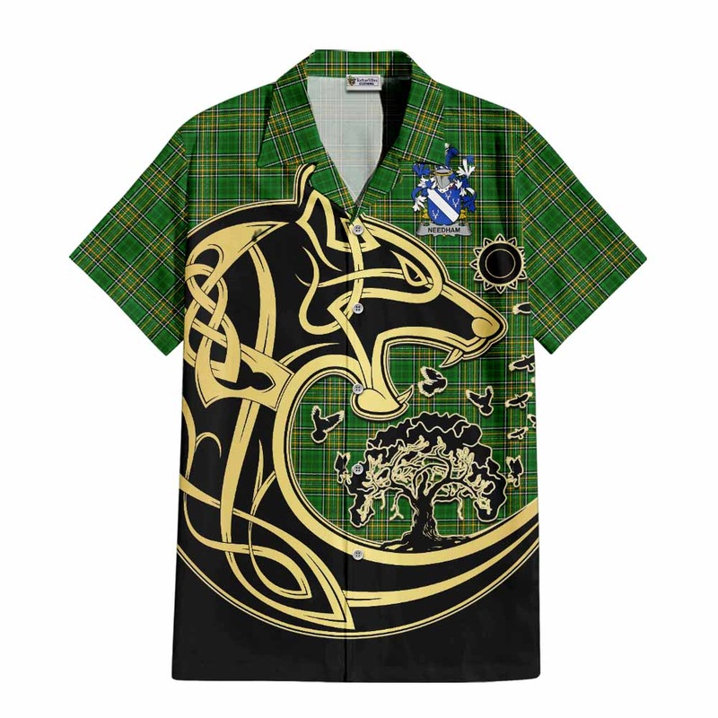 Needham Irish Tartan Short Sleeve Button Shirt with Coat of Arms Celtic Wolf Style