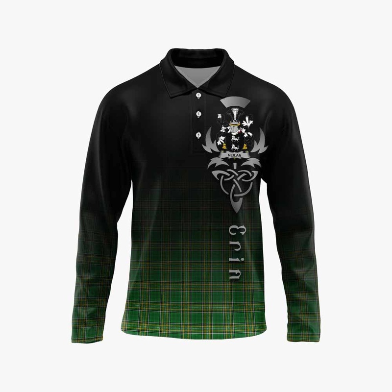 Neilan Irish Clan Long Sleeve Polo Shirt with Coat of Arms Erin Go Bragh Celtic Inspired