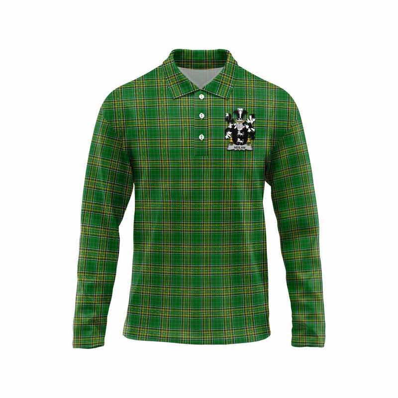 Neilan Irish Clan Tartan Long Sleeve Polo Shirt with Coat of Arms