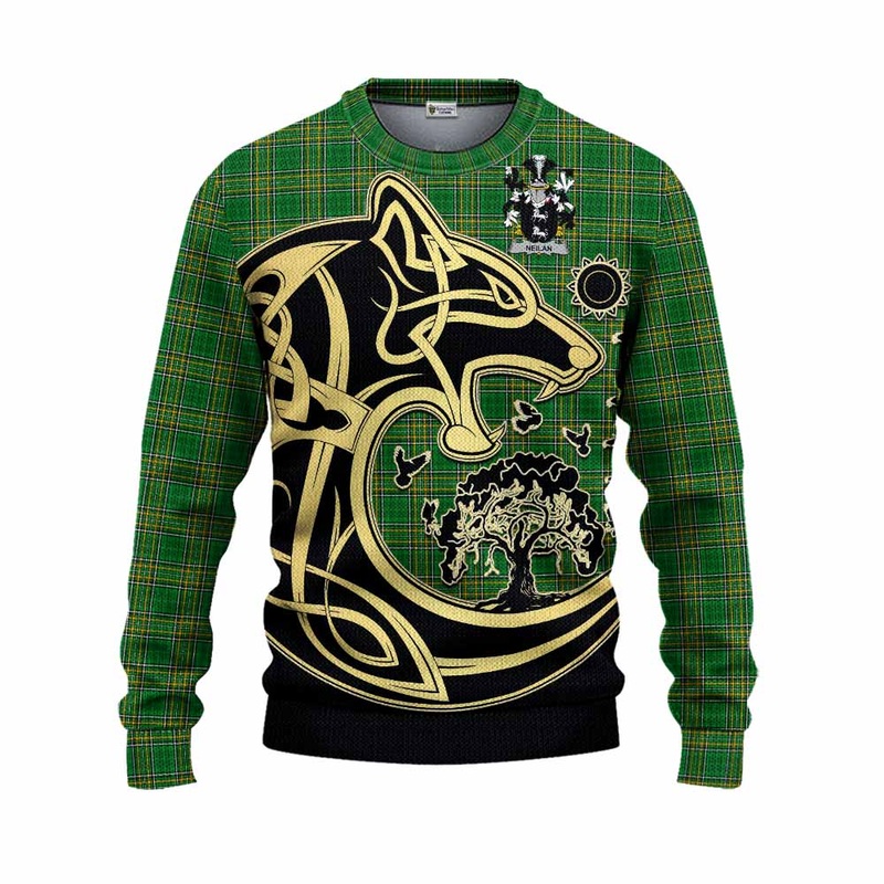 Neilan Irish Tartan Knitted Sweater with Coat of Arms Celtic Wolf Style