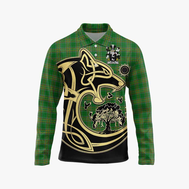 Neilan Irish Tartan Long Sleeve Polo Shirt with Coat of Arms Celtic Wolf Style