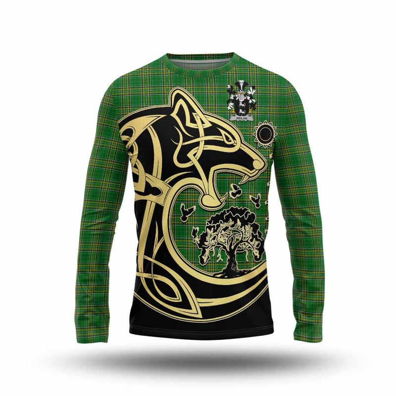 Neilan Irish Tartan Long Sleeve T-Shirt with Coat of Arms Celtic Wolf Style