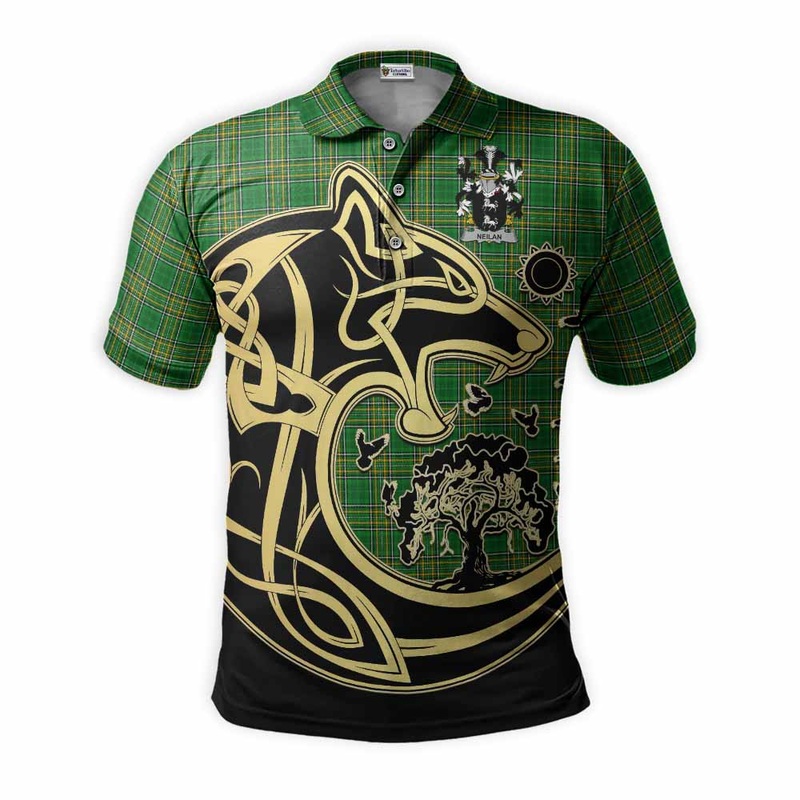 Neilan Irish Tartan Polo Shirt with Coat of Arms Celtic Wolf Style