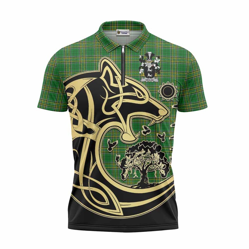 Neilan Irish Tartan Zipper Polo Shirt with Coat of Arms Celtic Wolf Style