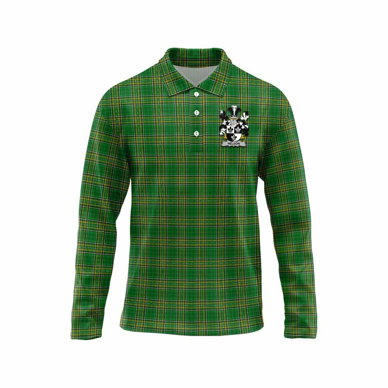 Nelson Irish Clan Tartan Long Sleeve Polo Shirt with Coat of Arms