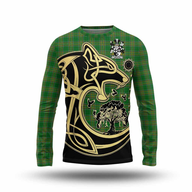 Nelson Irish Tartan Long Sleeve T-Shirt with Coat of Arms Celtic Wolf Style