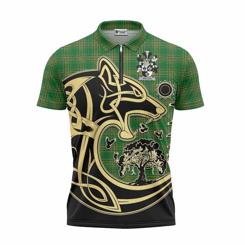Nelson Irish Tartan Zipper Polo Shirt with Coat of Arms Celtic Wolf Style