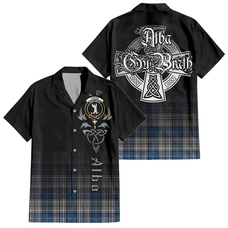 Napier Modern Tartan Short Sleeve Button Up Shirt Featuring Alba Gu Brath Family Crest Celtic Inspired