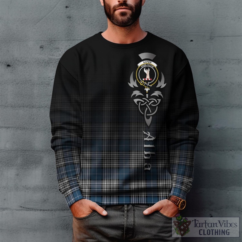 Napier Modern Tartan Sweatshirt Featuring Alba Gu Brath Family Crest Celtic Inspired