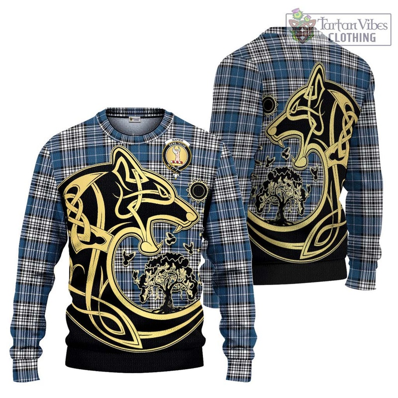 Napier Modern Tartan Ugly Sweater with Family Crest Celtic Wolf Style