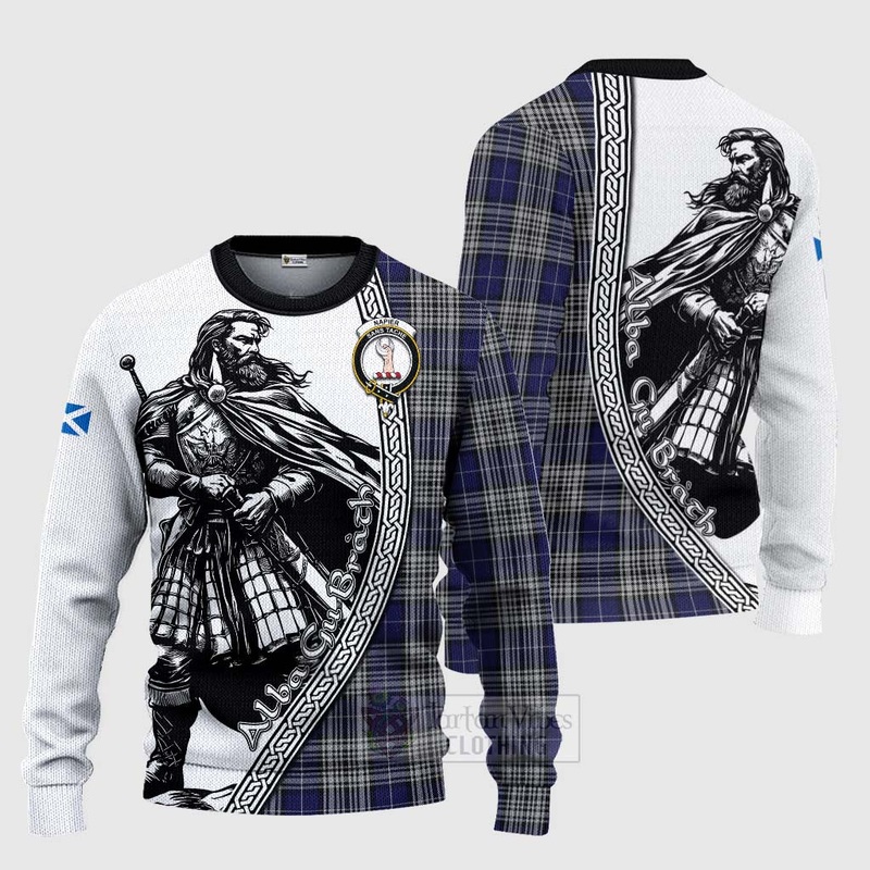 Napier Tartan Clan Crest Knitted Sweater with Highlander Warrior Celtic Style