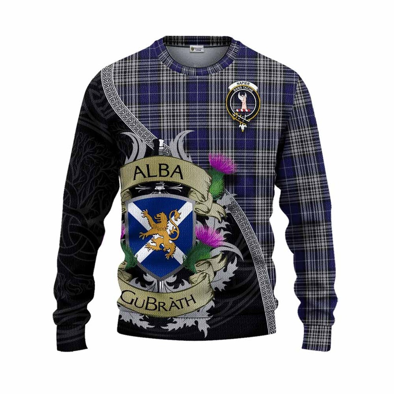 Napier Tartan Family Crest Knitted Sweater Lion Rampant Royal Thistle Shield Celtic Inspired